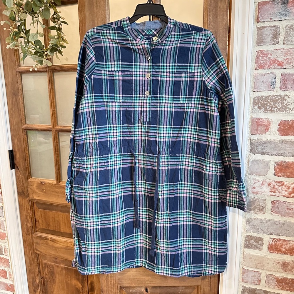 Lands' End Shirt Dress Women 14P Blue Green Plaid Cotton Drawstring Waist Pocket - Picture 2 of 11